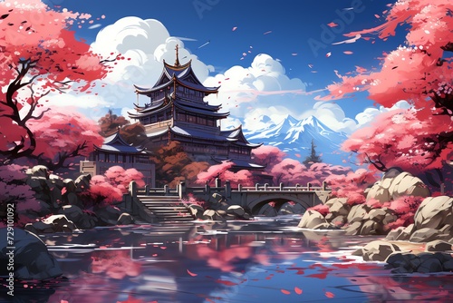 The peaceful shrine is surrounded by fields of vibrant cherry trees