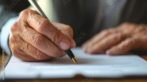 close-up of an elderly person s hands holding a pen  poised to sign a document.