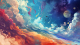A vibrant digital painting blending elements of celestial space with whimsical cloud formations.
