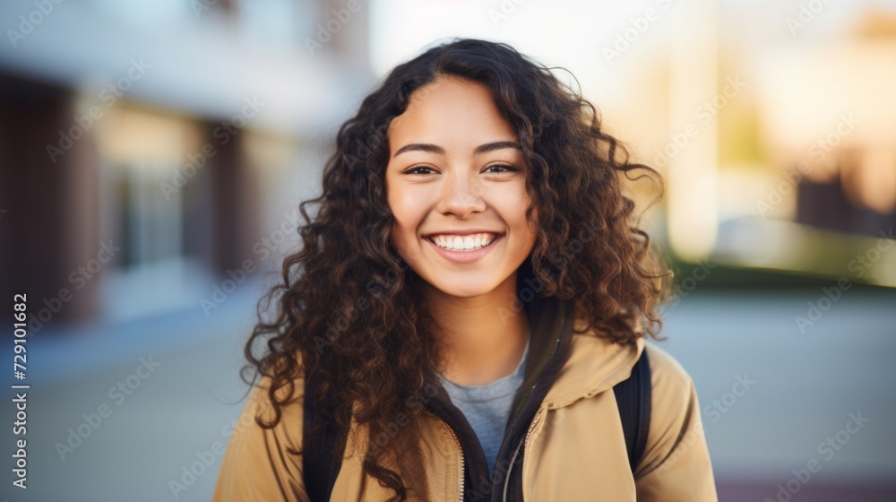 College student happily smiling in an outdoor portrait. College student happily smiling in an outdoor portrait.