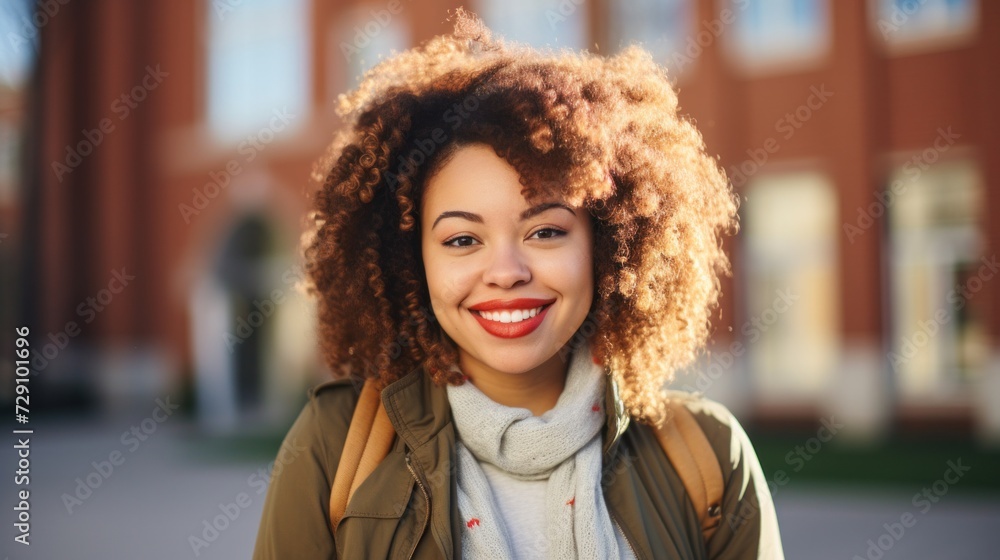 Vibrant outdoor scene with a joyful student smiling by the college. Vibrant outdoor scene with a joyful student smiling by the college.