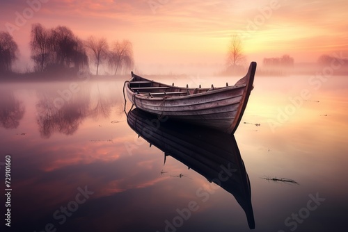 Tranquil wooden boat on calm lake, reflecting dawn light in serene nature landscape