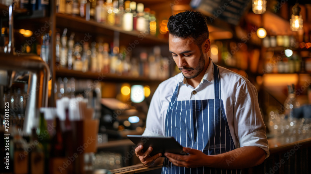 focused bearded man in a blue striped apron using a tablet in a bar setting