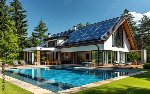 Modern single family house with solar panels on roof blending luxury architecture with eco friendly energy solutions residence showcases future oriented design emphasizing sustainable living © Wuttichai
