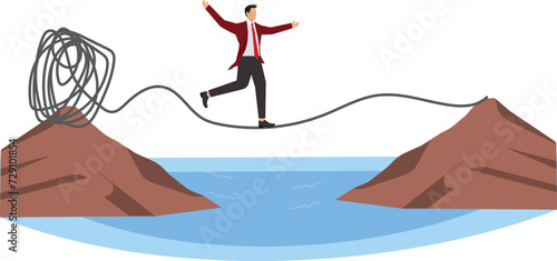 Businessman walk on thin rope, escape from tangled messy line