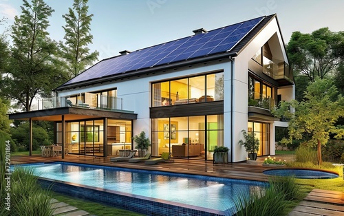 Modern single family house with solar panels on roof blending luxury architecture with eco friendly energy solutions residence showcases future oriented design emphasizing sustainable living © Wuttichai