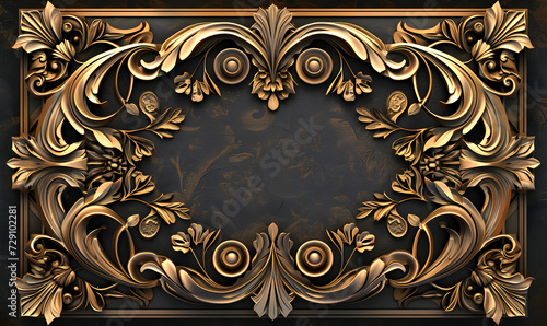 Golden ornament and wall decoration. Unusual Art Nouveau picture frame. Mockup illustration.