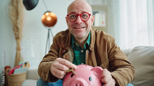cheerful middle-aged man with glasses, inserting a coin into a pink piggy bank, symbolizing savings or investment, in a cozy home setting
