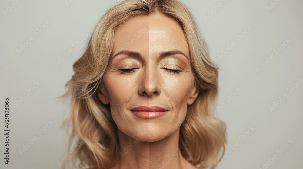 close-up of a woman's face showing a comparison between youthful skin on one side and aged skin with wrinkles on the other, against a neutral background