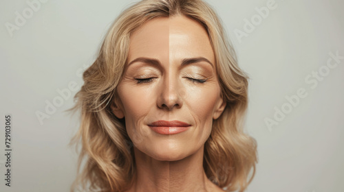 close-up of a woman's face showing a comparison between youthful skin on one side and aged skin with wrinkles on the other, against a neutral background