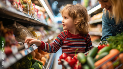 A child enjoy shopping for food with mom in a supermarket or grocery store, Family in shop