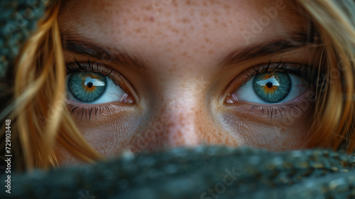Close-up portrait of a beautiful girl with blue eyes in a scarf