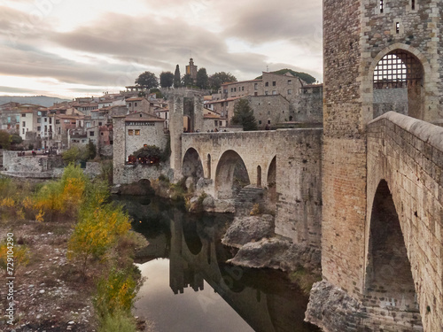 Traditional catalonian medieval village of Besalu. Tower bridge. Girona, Spain