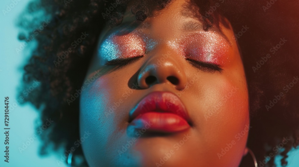 Stylish and confident, a plus-size woman stands out against a serene pastel color palette. Stylish and confident, a plus-size woman stands out against a serene pastel color palette.