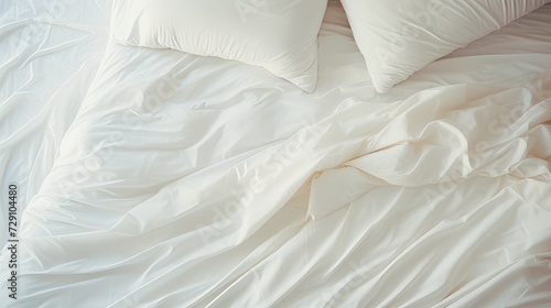 Top view of a crumpled white bed with a sheet, blanket, pillows in the light and shade from the window early in the morning.