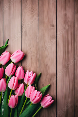 Bunch of pink tulips on wooden surface.