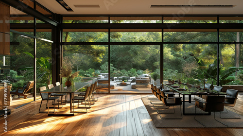 A spacious dining area with a sleek glass table set against floor-to-ceiling windows overlooking a lush garden. 