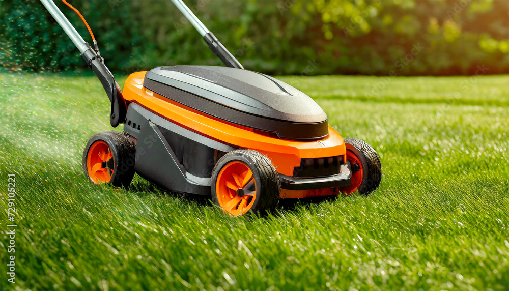Fototapeta premium Close-up of an orange and black lawn mower moving on green grass, bottom view. Generative Ai.