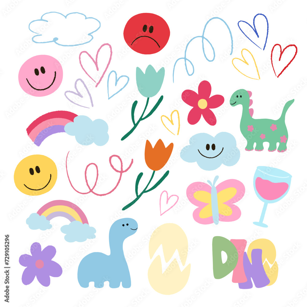 Hand drawn crayon icons of dinosaur, happy faces, doodles, flowers, butterfly, cloud, rainbow, butterfly for stickers, logo, clip arts, decoration, print, social media post, card, ads, frame, tattoo