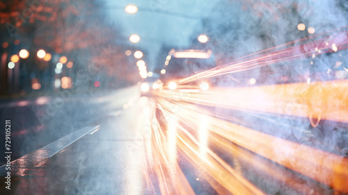 highway, speed blurred car background, tracks from the headlights, urban rhythm city nightlife, twilight traffic on the road © kichigin19
