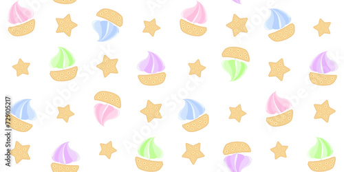 Cute cookie boats with colorful meringue sails and cookie stars on a white background. Kids endless texture with sweet ships. Funny sweetness. Vector seamless pattern for cover, surface texture, print
