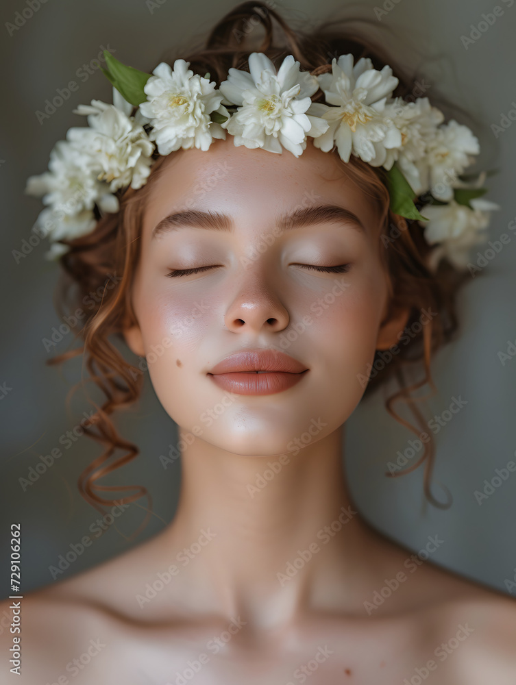 Beauty and nature combined. Studio shot of a beautiful young woman wearing a head wreath with eyes closed, Generative AI