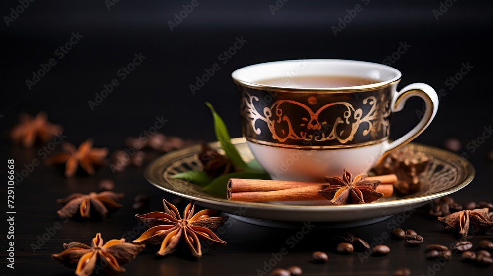 Traditional indian masala chai tea with milk and spices in a cup on a modern kitchen table Traditional indian masala chai tea with milk and spices in a cup on a modern kitchen table
