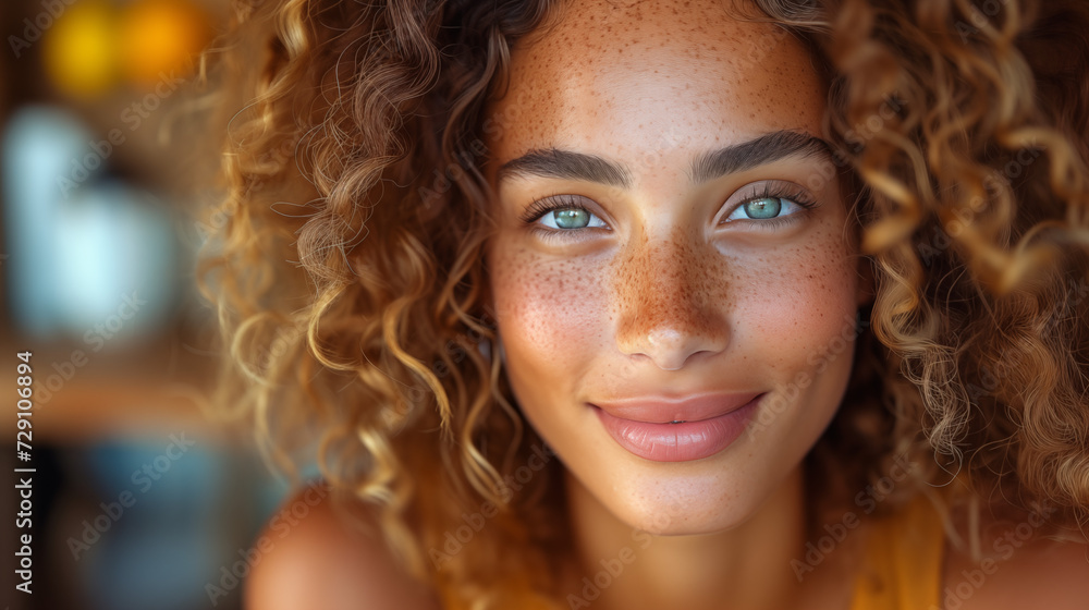 Close up portrait of beautiful young woman with curly hair looking at camera Close up portrait of beautiful young woman with curly hair looking at camera