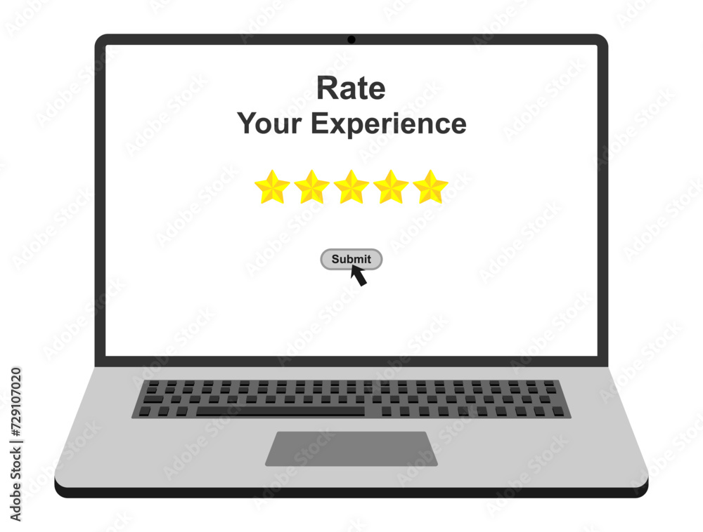 five star review online from laptop or computer. customer review sign symbol, customer satisfaction concept. vector illustration isolated on white background. five star review online from laptop or computer. customer review sign symbol, customer satisfaction concept. vector illustration isolated on white background.