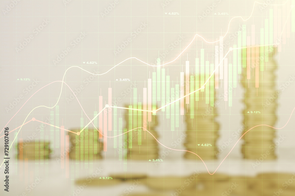 Multi exposure of virtual abstract financial graph interface on coins background, financial and trading concept