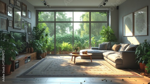Interior of a light living room with grey sofas, coffee tables and large windows