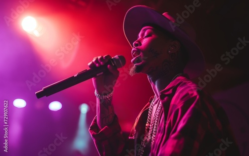 A dynamic rapper delivers a powerful performance on stage  illuminated by vibrant neon lights  captivating the audience with his rhythmic flow.