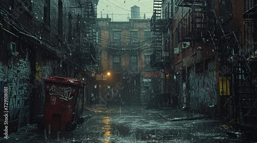 Rainy Night in the City A Hazy, Wet, and Dark Alleyway Generative AI