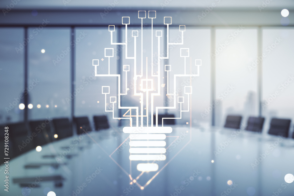 Virtual creative light bulb with chip hologram on a modern boardroom background, artificial Intelligence and neural networks concept. Multiexposure Virtual creative light bulb with chip hologram on a modern boardroom background, artificial Intelligence and neural networks concept. Multiexposure