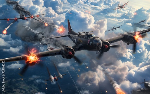 A dramatic scene of vintage warplanes in an aerial battle amidst clouds, with explosions and gunfire lighting up the sky.