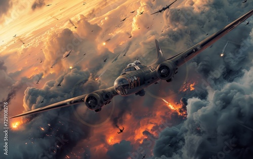 Dramatic scene of airplane combat during World War II, showcasing the intensity and strategy of aerial warfare.