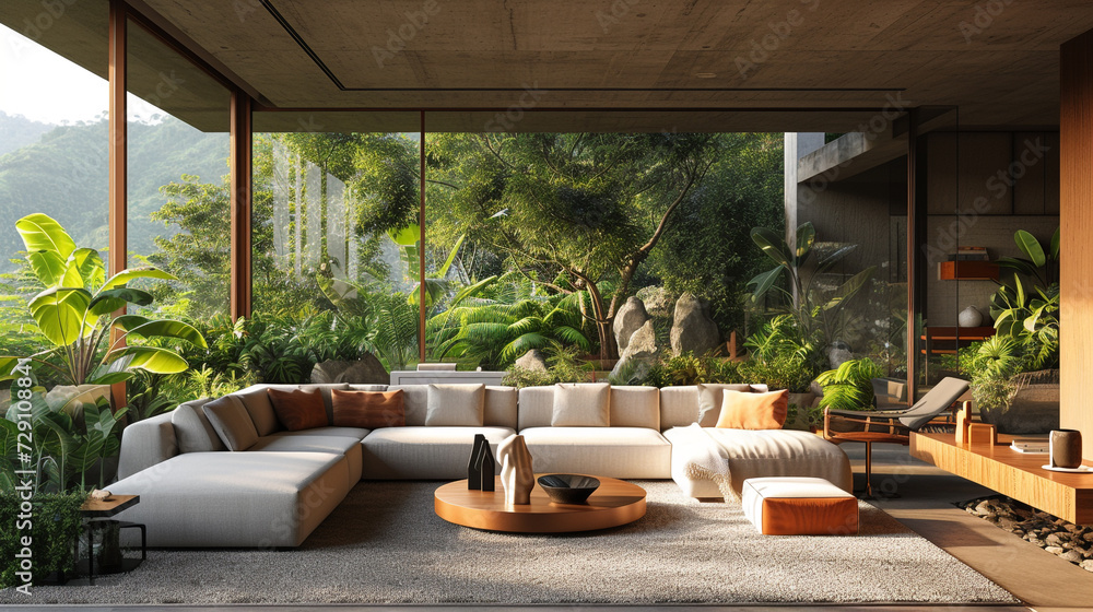 Inviting lounge area with a sectional sofa, geometric coffee table, and panoramic views of greenery. 