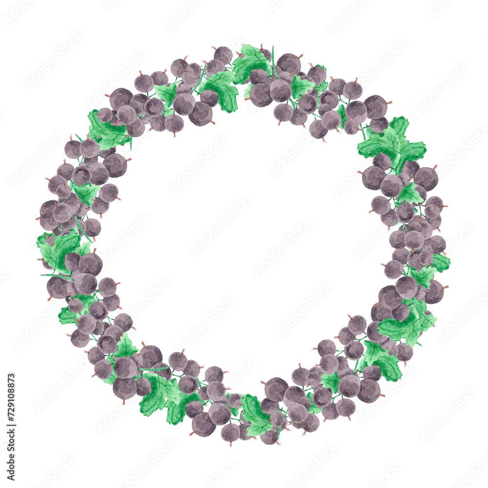 Hand drawn watercolor blackcurrant with green leaves wreath frame border isolated on white background. Can be used for cards, label and other printed products. Hand drawn watercolor blackcurrant with green leaves wreath frame border isolated on white background. Can be used for cards, label and other printed products.