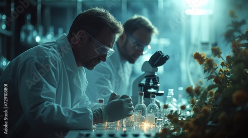 Two scientists examine chemicals in a flask and discuss problems. A modern medical research laboratory using biotechnology: