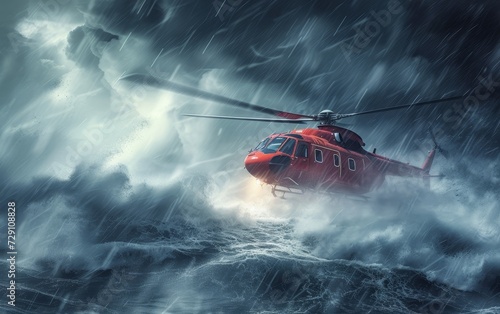 A red helicopter navigates through a dramatic storm, surrounded by turbulent waves and rain.