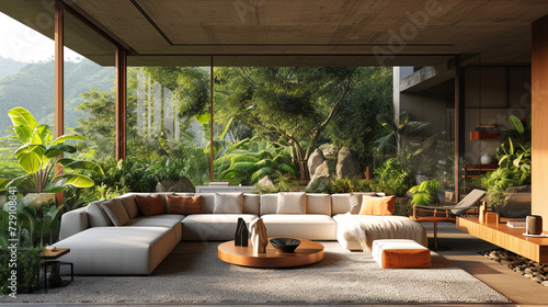 Inviting lounge area with a sectional sofa, geometric coffee table, and panoramic views of greenery.  © Adnan Haider