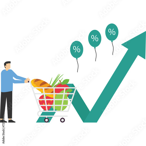impact on economic growth. Inflation rises due to growth in monetary value. Food price inflation. consumer goods float in hot air balloons. vector illustration.
