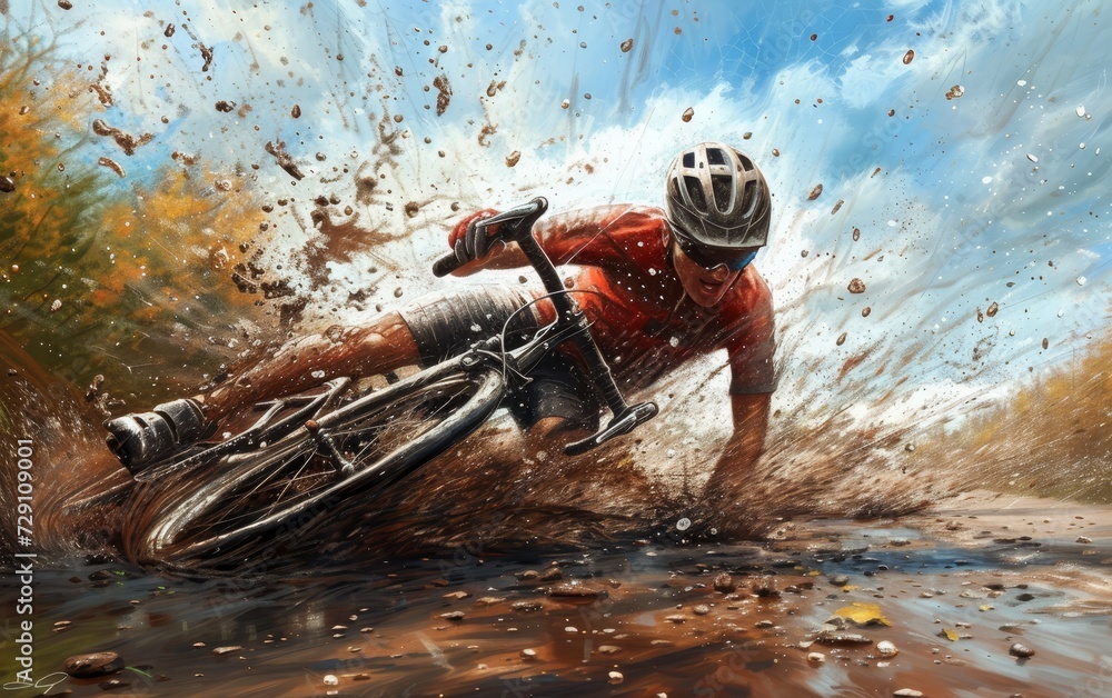 Dynamic image of a cyclist in action, splashing mud, amidst nature under a bright sky.