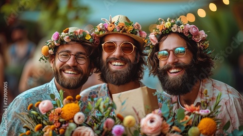 Happy smiling men with flowers and hats with wreaths, sunglasses preparing for a celebration