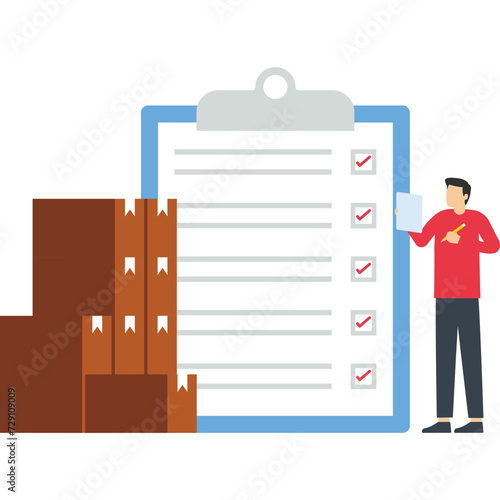 the concept of structuring warehouses, goods through processes or quality management standards. Inventory management with goods demand and supply tiny people concept, flat vector illustration.