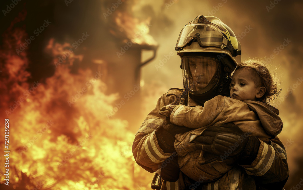 Brave fireman carrying a child to safety, escaping from a burning house engulfed in flames and smoke. Brave fireman carrying a child to safety, escaping from a burning house engulfed in flames and smoke.