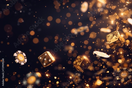Poker chips and golden dice, Casino game concept background.