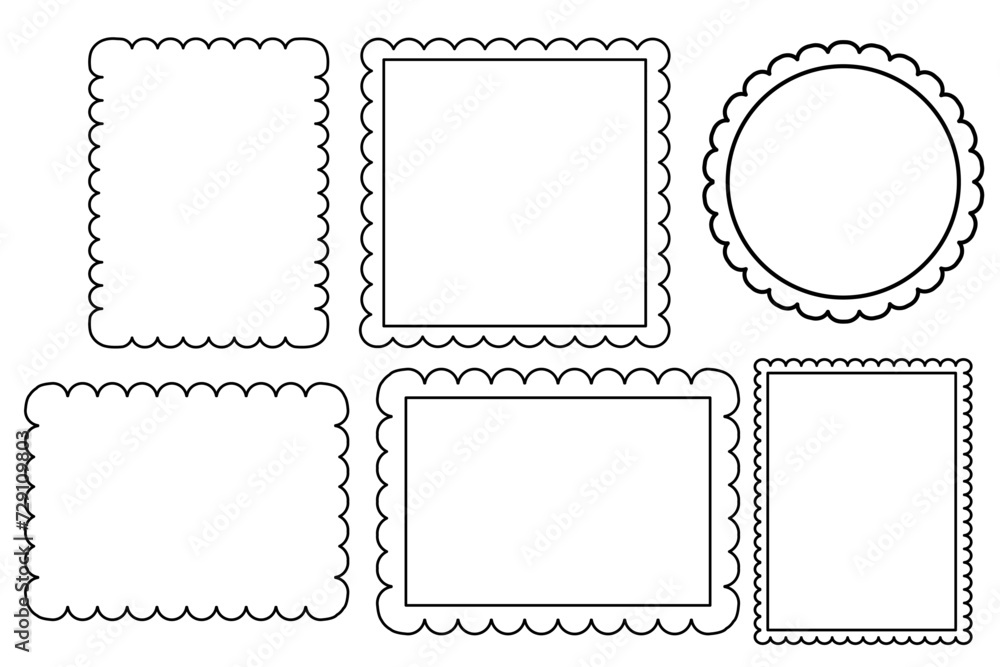 Scalloped edge border silhouette shapes, wavy borders isolated on white background. Scallop stamp, rectangle frame.  - obrazy, fototapety, plakaty 
