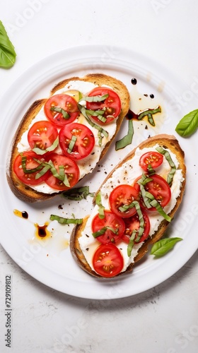 
Bruschetta sandwiches with tomatoes, cream cheese, olive oil and basil on a plate on white marble background, top view.