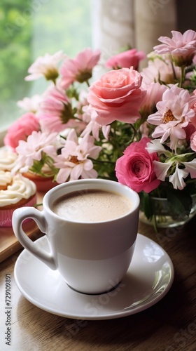 	
cup of coffee and bouquet of flowers